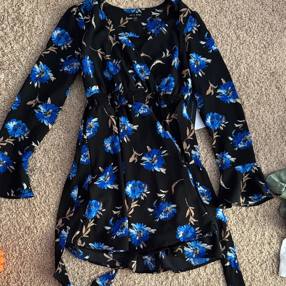 As U Wish Black Dress with Blue Floral Design